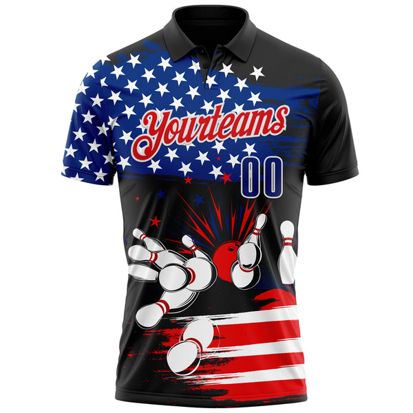 Custom Black Royal White-Fire Red Bowling Strike American Flag Performance Polo Shirt