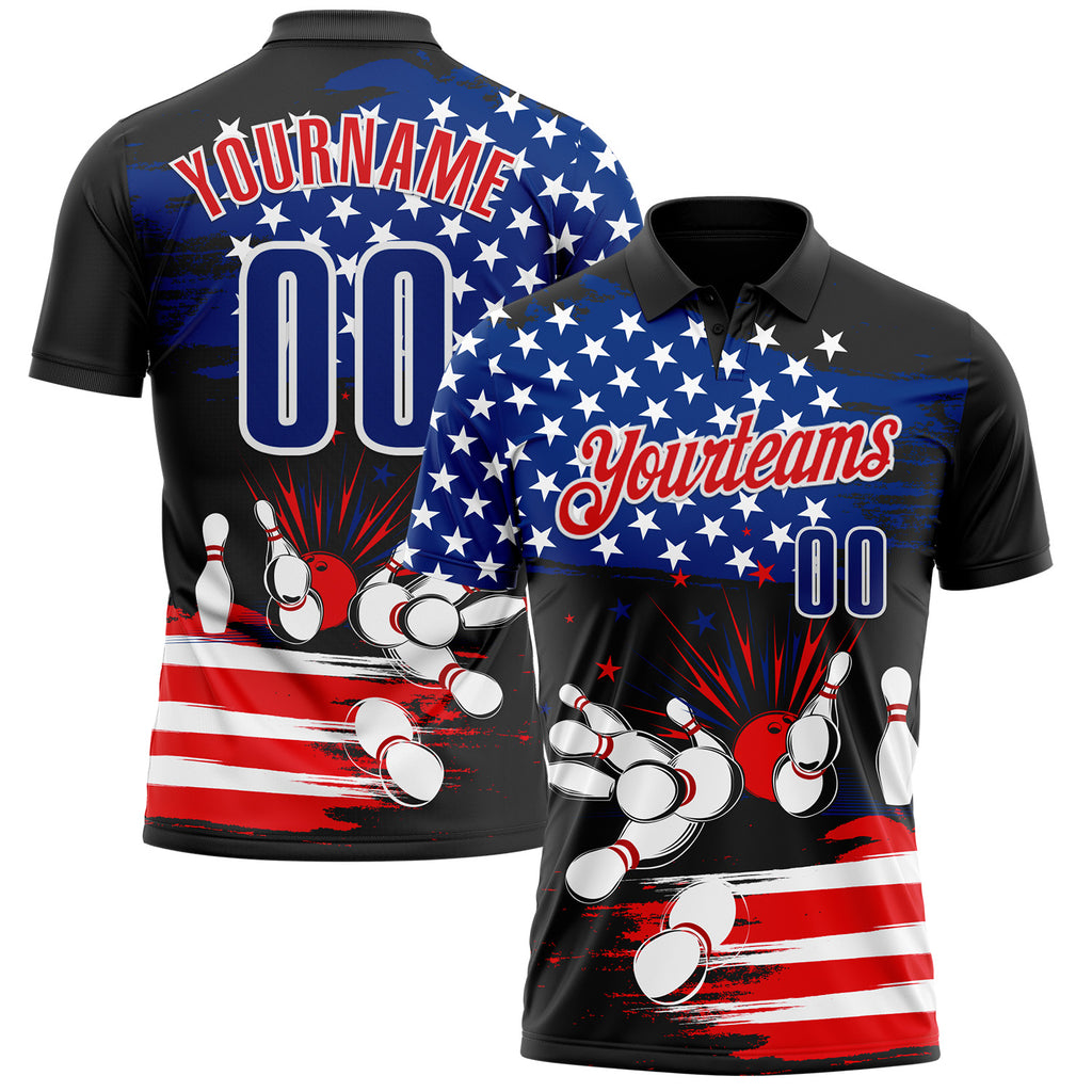 Custom Black Royal White-Fire Red Bowling Strike American Flag Performance Polo Shirt