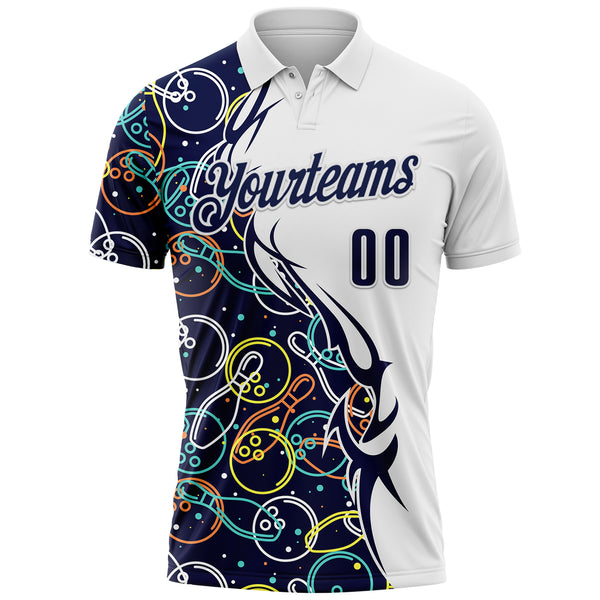 Custom White-Navy Bowling Ball And Pins Performance Polo Shirt