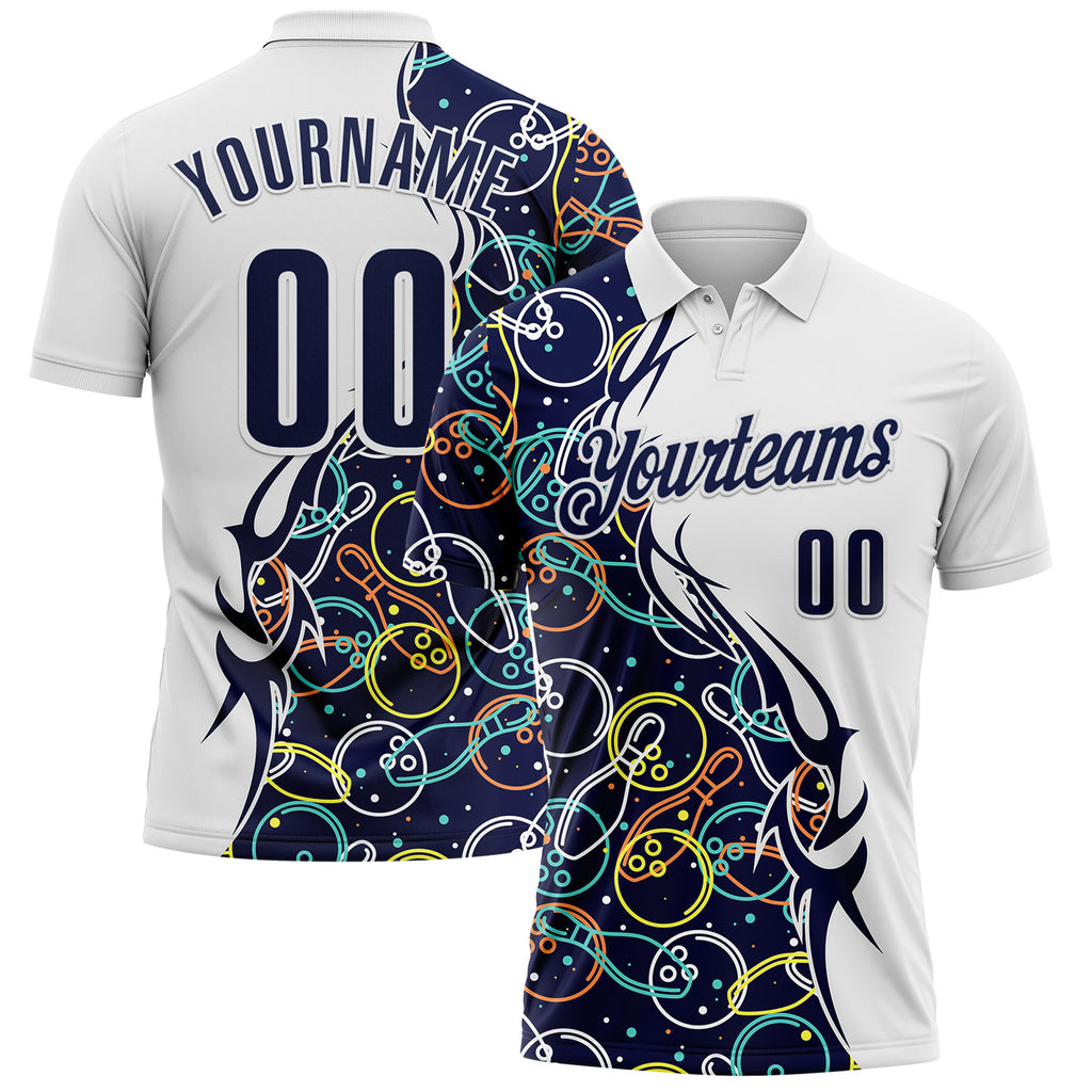 Custom White-Navy Bowling Ball And Pins Performance Polo Shirt
