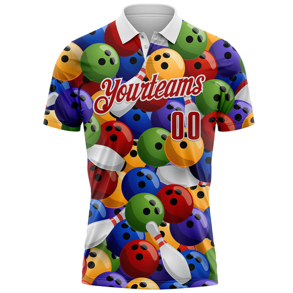 Custom White-Red Bowling Ball And Pins Performance Polo Shirt