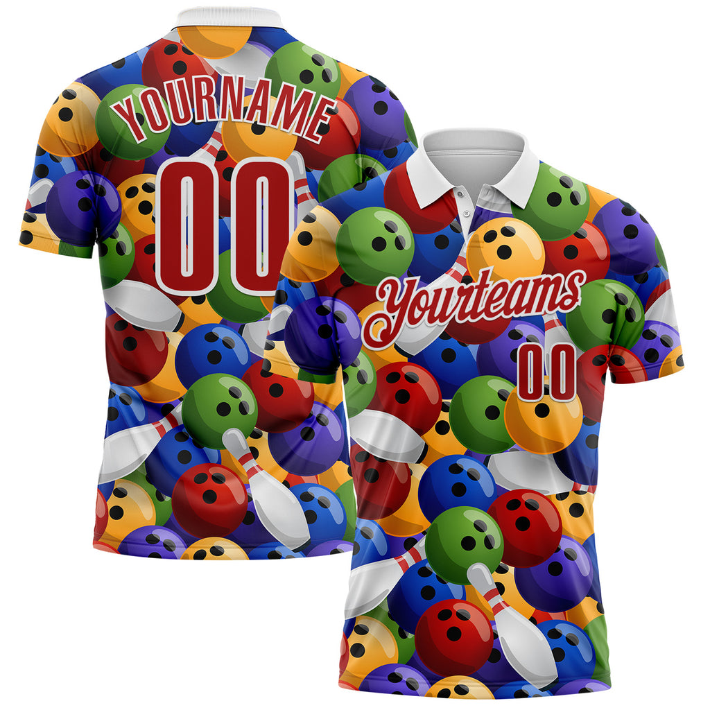 Custom White-Red Bowling Ball And Pins Performance Polo Shirt