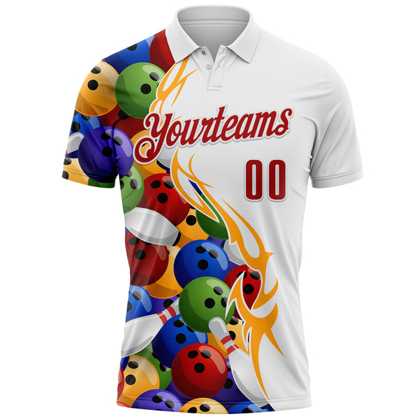 Custom White-Red Bowling Ball And Pins Performance Polo Shirt