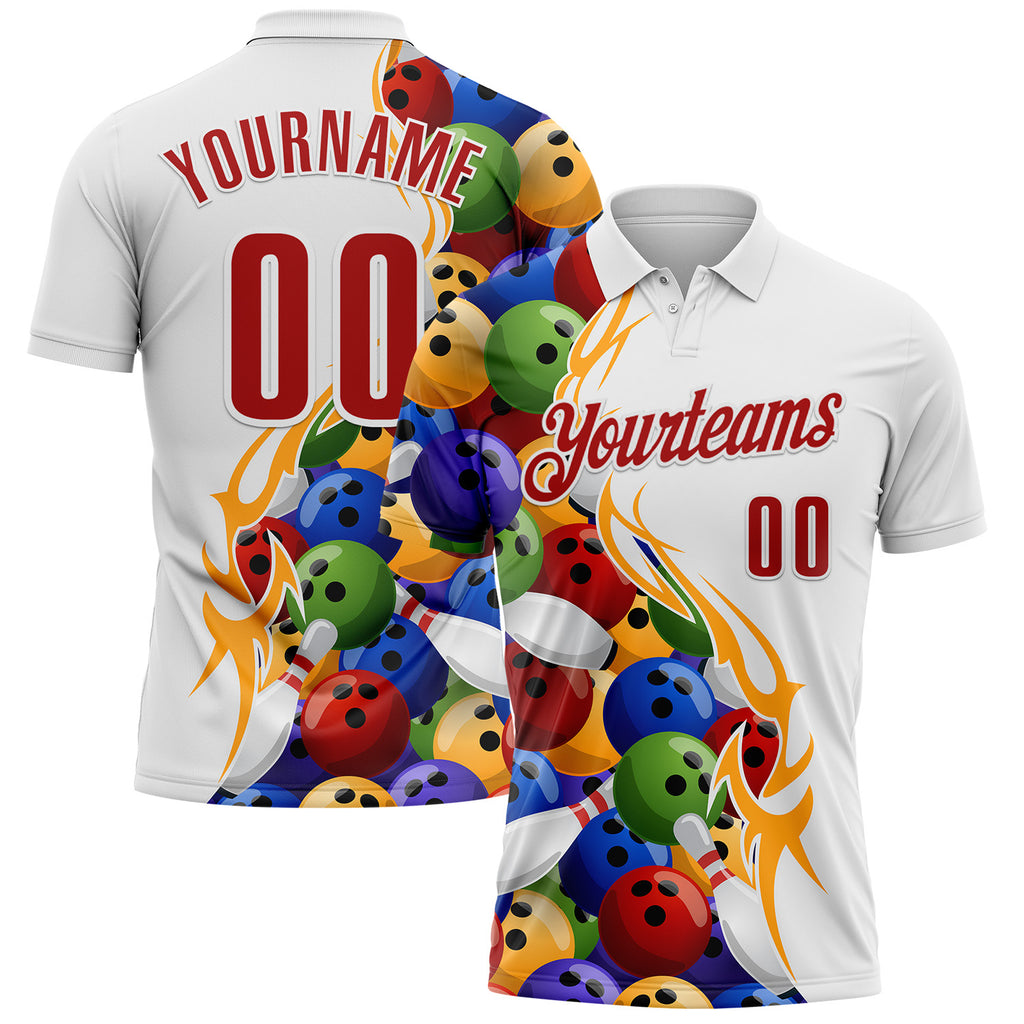 Custom White-Red Bowling Ball And Pins Performance Polo Shirt