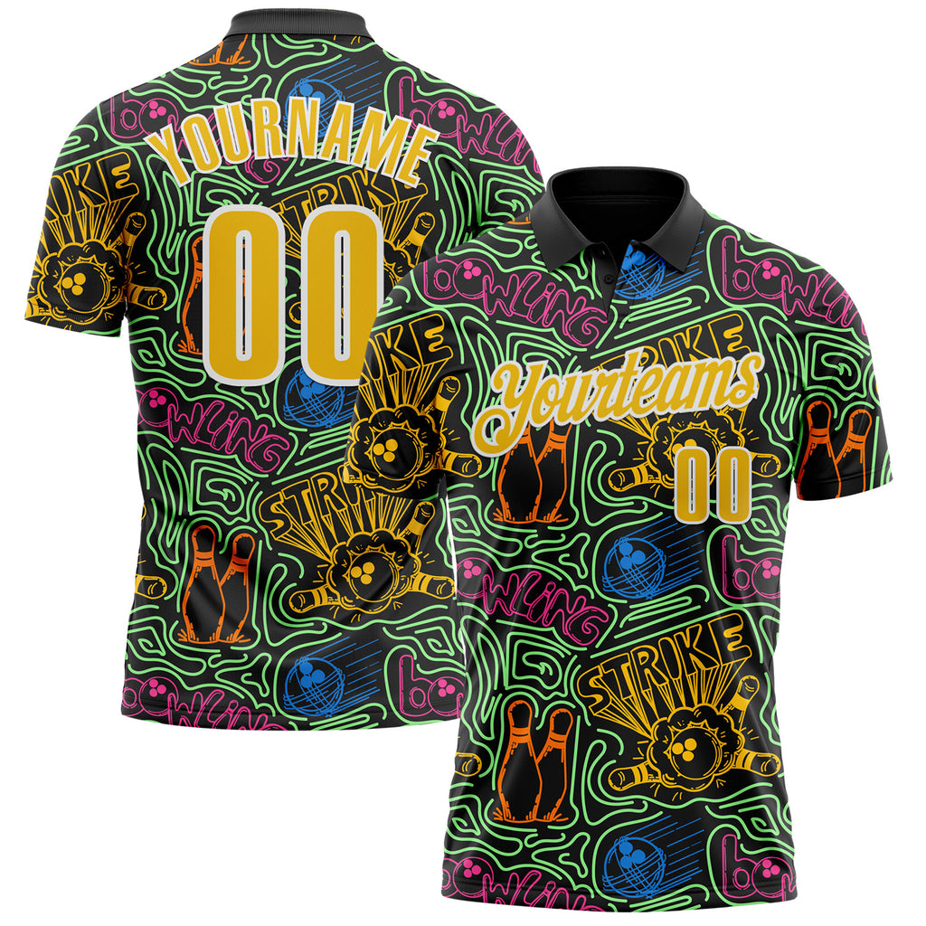 Custom Black Yellow-White Bowling Ball And Pins Strike Performance Polo Shirt