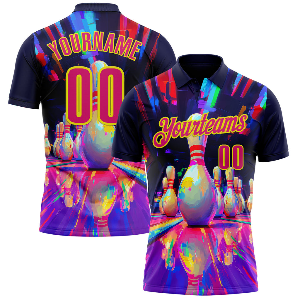 Custom Black Hot Pink-Light Yellow Bowling Pins Chromatic Performance Polo Shirt