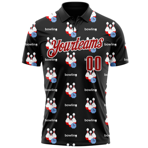 Custom Black Red-White Bowling Ball And Pins Pixel Performance Polo Shirt