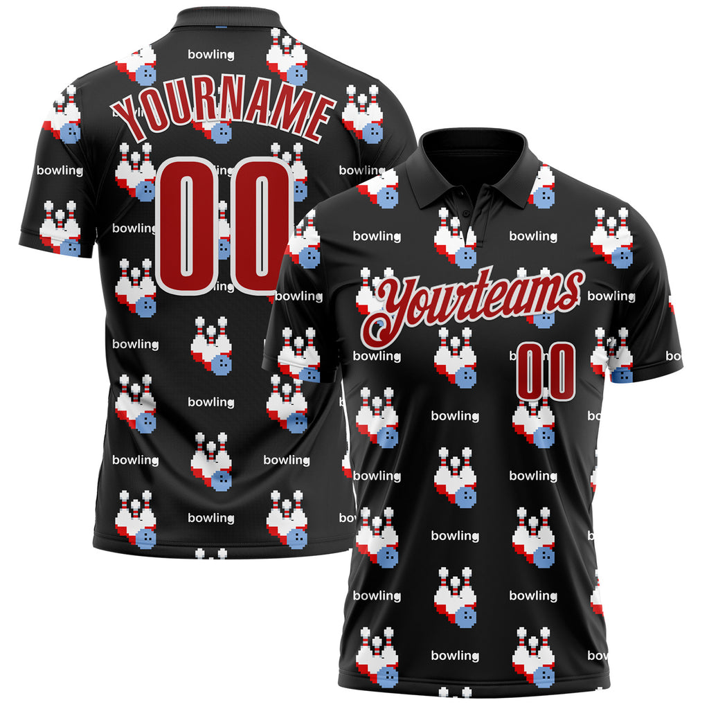 Custom Black Red-White Bowling Ball And Pins Pixel Performance Polo Shirt