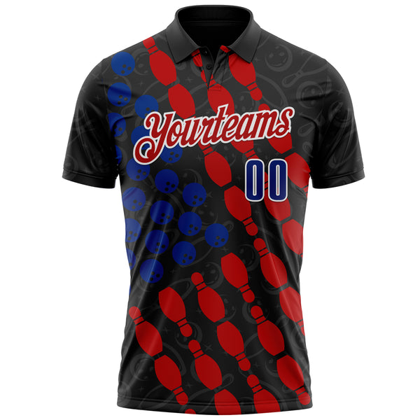 Custom Black Royal White-Red Bowling Ball And Pins Performance Polo Shirt