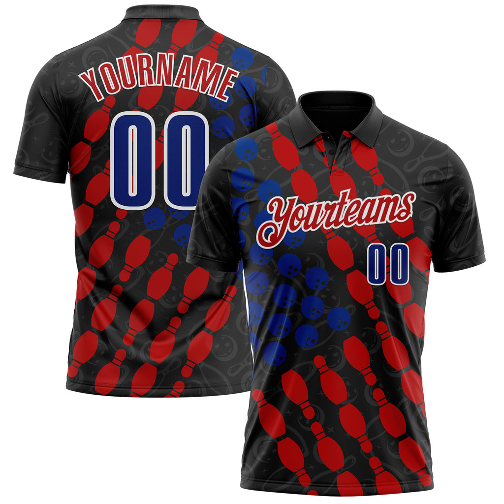 Custom Black Royal White-Red Bowling Ball And Pins Performance Polo Shirt
