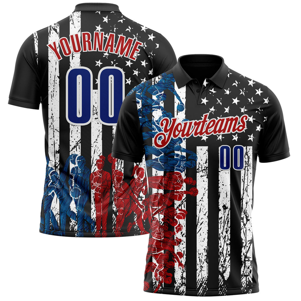 Custom Black Royal White-Red Bowling Player American Flag Performance Polo Shirt