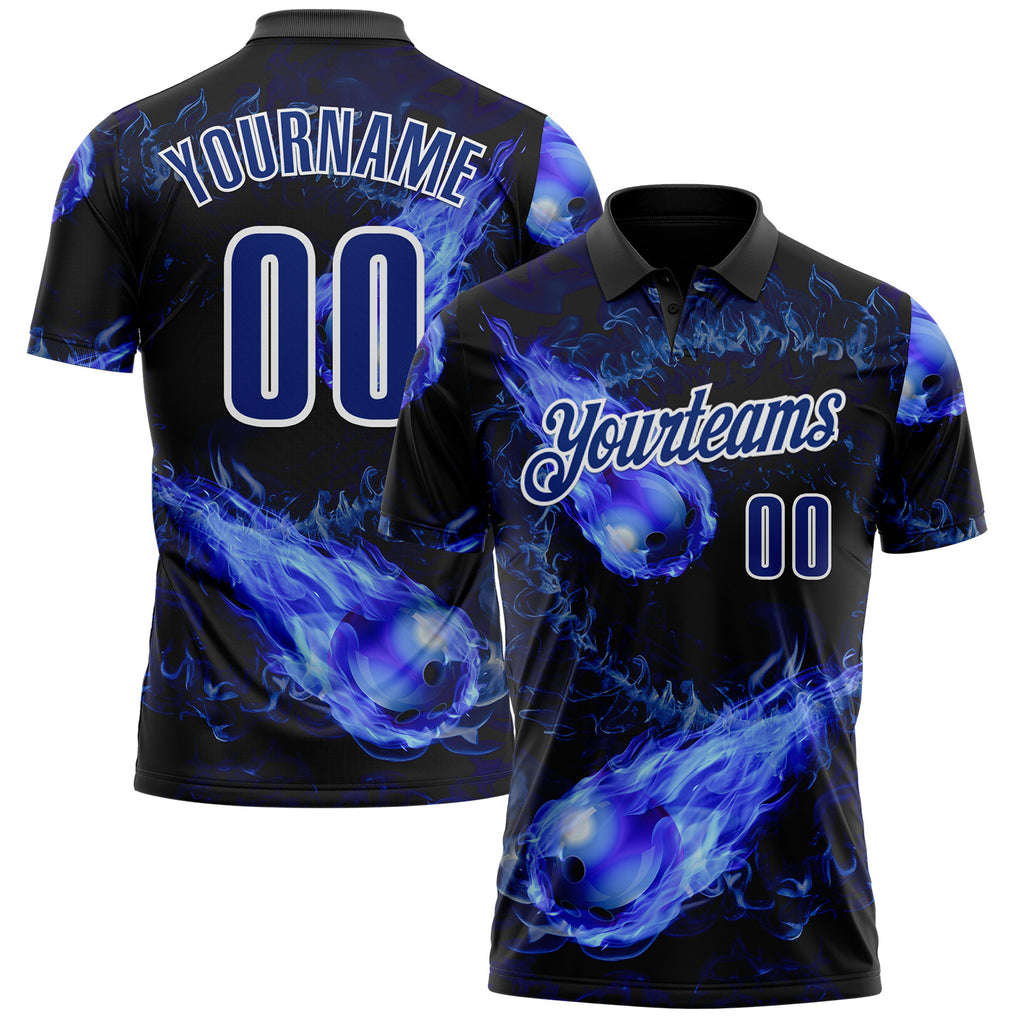 Custom Black Royal-White Bowling Balls Flame Performance Polo Shirt