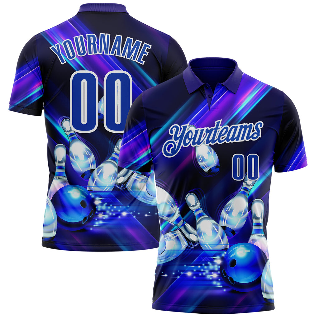Custom Dark Purple Thunder Blue-White Bowling Ball And Pins Aurora Performance Polo Shirt