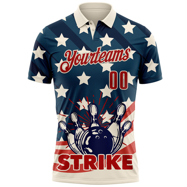 Custom Blue Red-Cream Bowling Ball And Pins Strike Retro American Flag Performance Polo Shirt