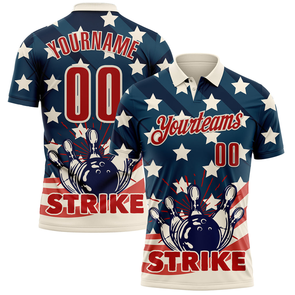 Custom Blue Red-Cream Bowling Ball And Pins Strike Retro American Flag Performance Polo Shirt