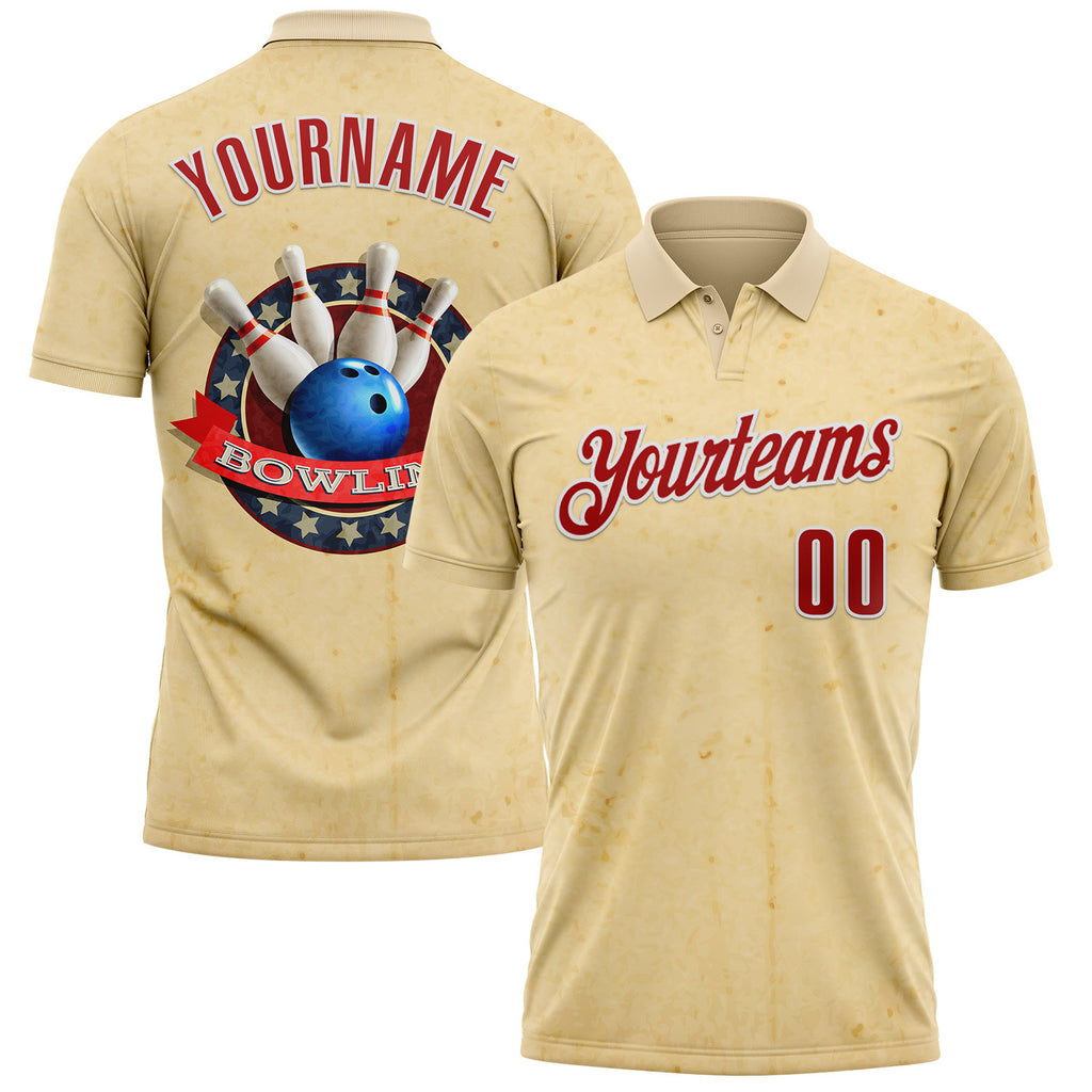 Custom City Cream Red-White Bowling Ball And Pins Retro Performance Polo Shirt