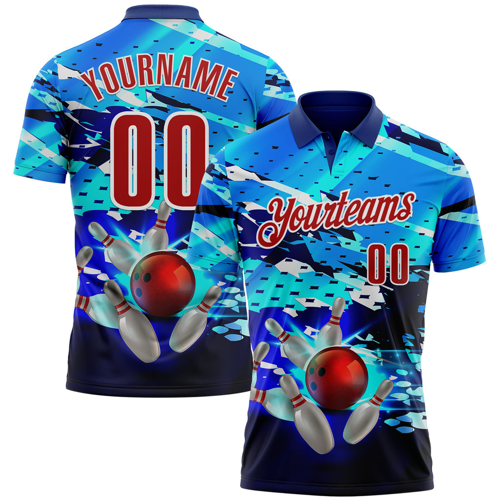 Custom Blue Red-White Bowling Ball And Pins Strike Performance Polo Shirt