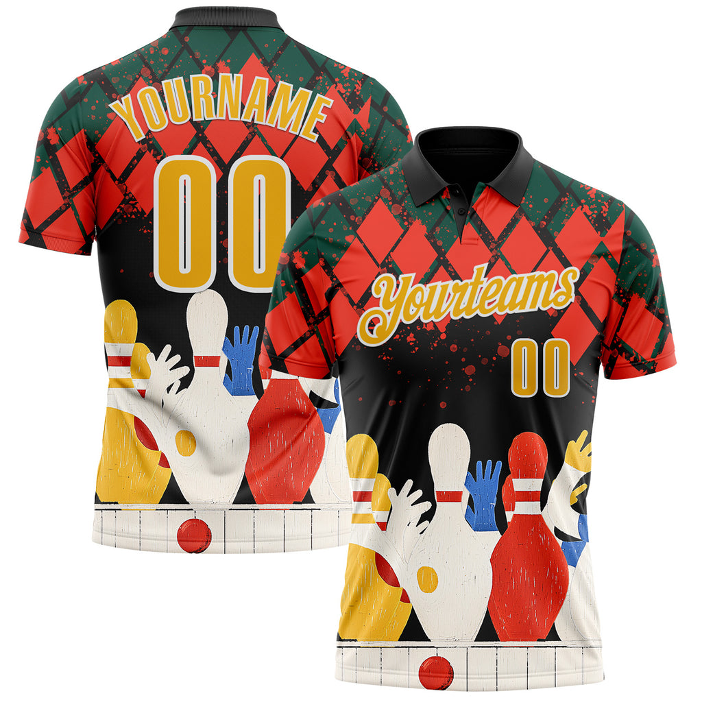 Custom Black Gold Orange Green-White Bowling Ball And Pins Diamond Performance Polo Shirt