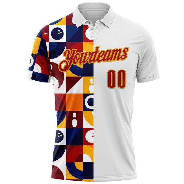 Custom White Red-Gold Bowling Ball And Pins Geometric Performance Polo Shirt