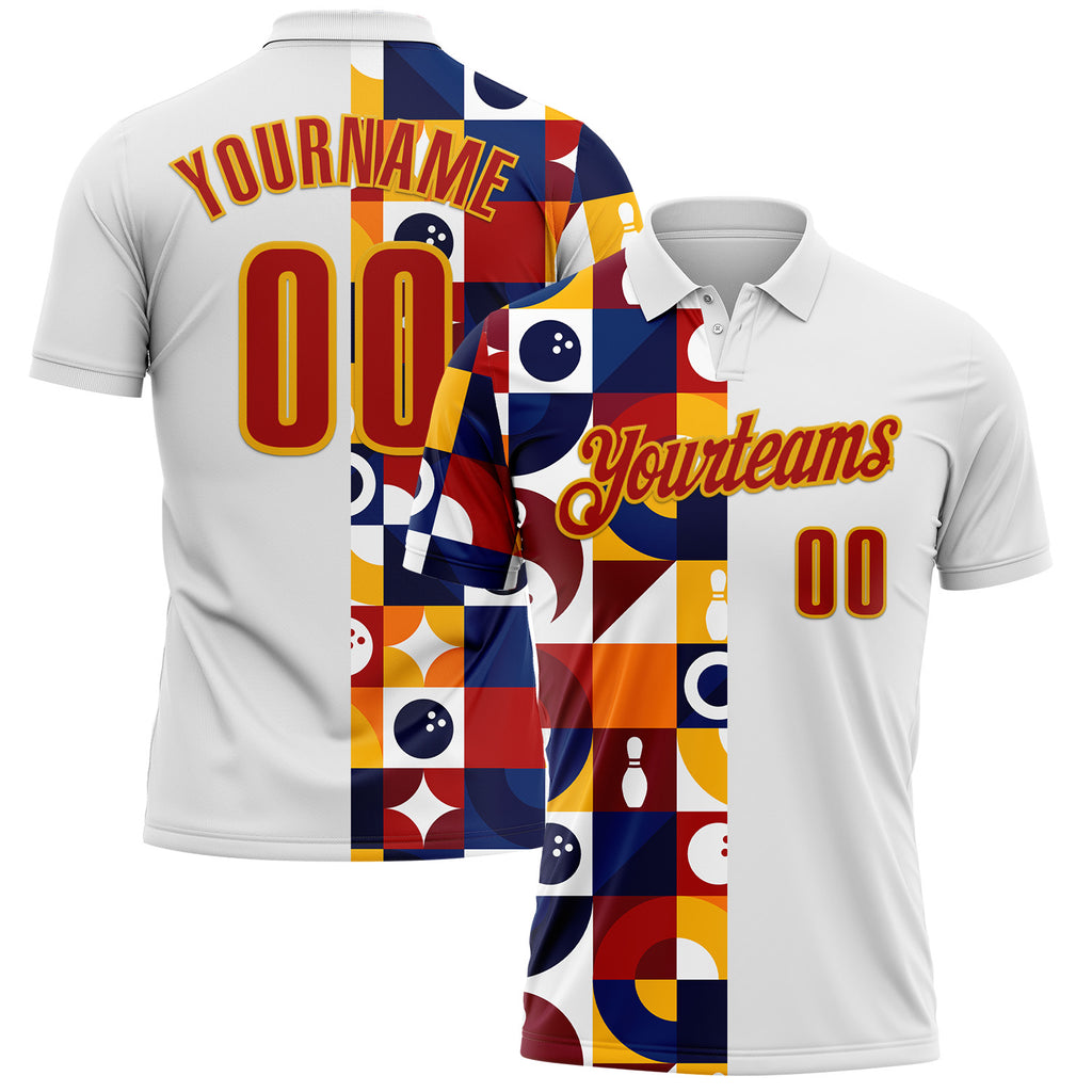 Custom White Red-Gold Bowling Ball And Pins Geometric Performance Polo Shirt