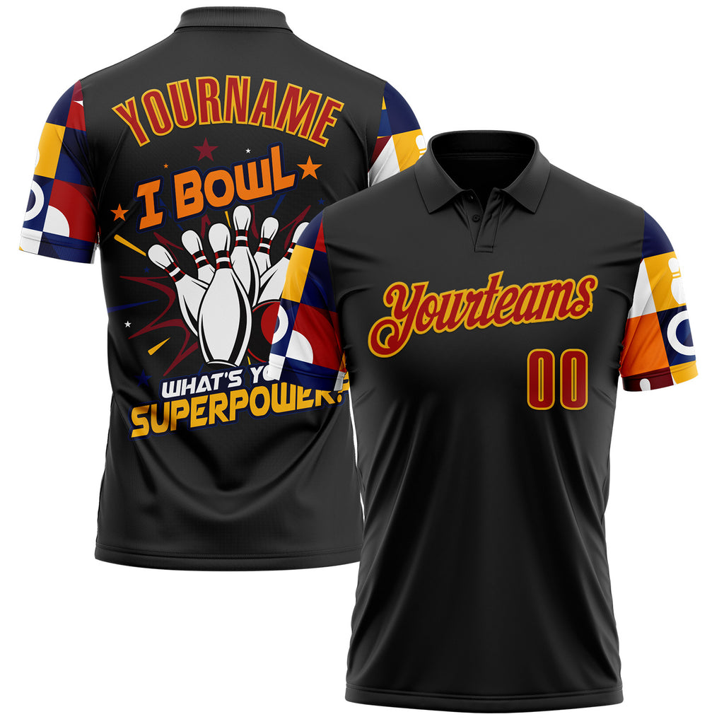 Custom Black Red-Gold Bowling Ball And Pins Strike Performance Polo Shirt