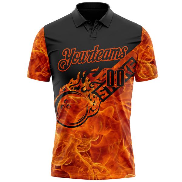 Custom Black-Orange Bowling Strike Flame Performance Polo Shirt