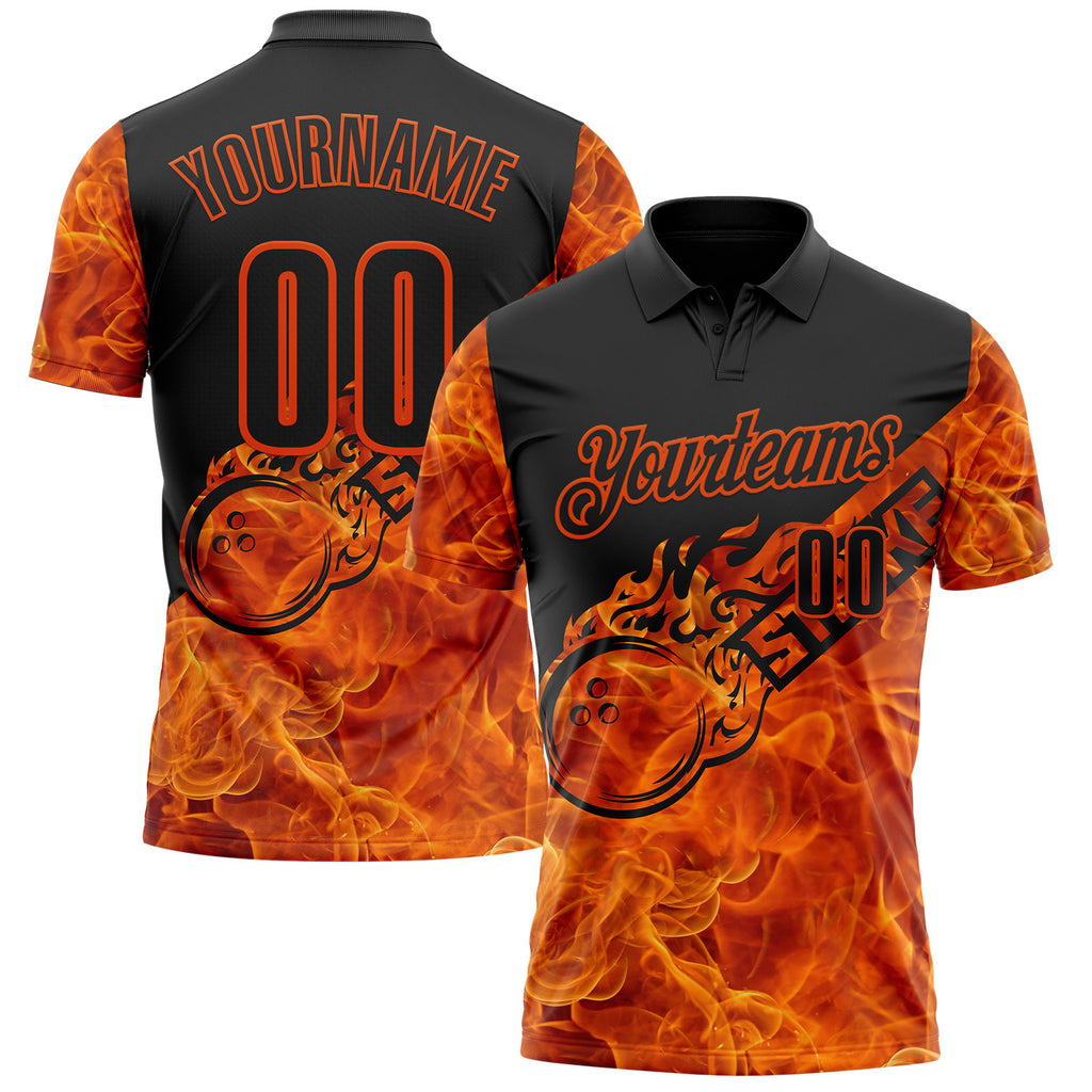 Custom Black-Orange Bowling Strike Flame Performance Polo Shirt