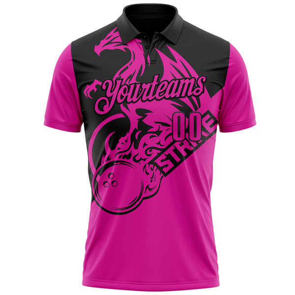 Custom Deep Pink-Black Bowling Strike Flame Dragon Performance Polo Shirt