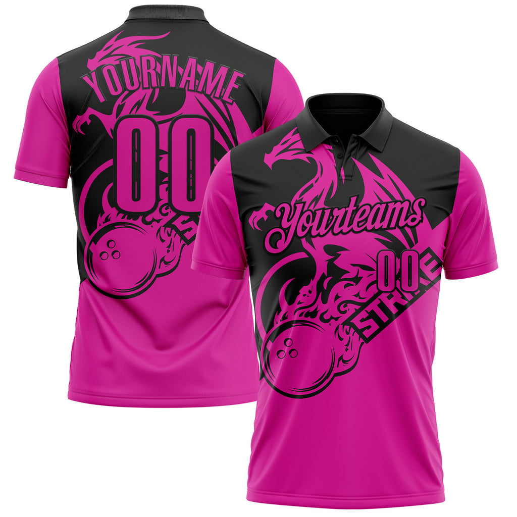 Custom Deep Pink-Black Bowling Strike Flame Dragon Performance Polo Shirt