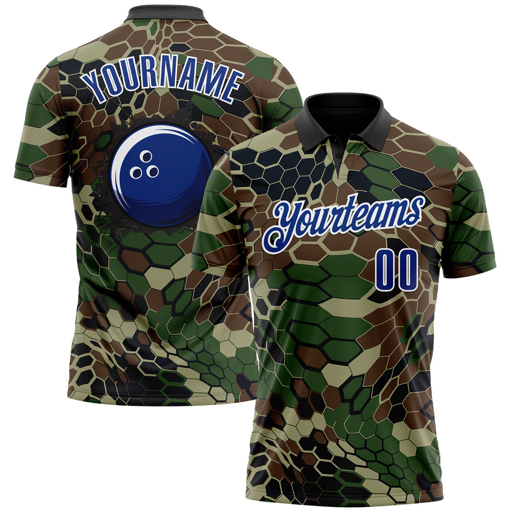 Custom Camo Royal-White Bowling Ball Performance Polo Shirt