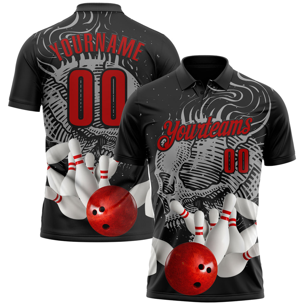 Custom Black Red-Gray Bowling Ball And Pins Skull Performance Polo Shirt