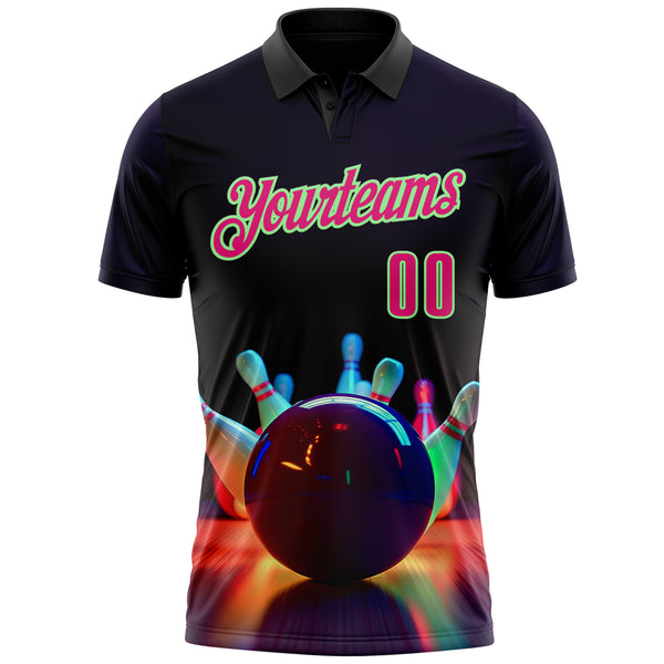 Custom Black Hot Pink-Pea Green Bowling Ball And Pins Strike Performance Polo Shirt