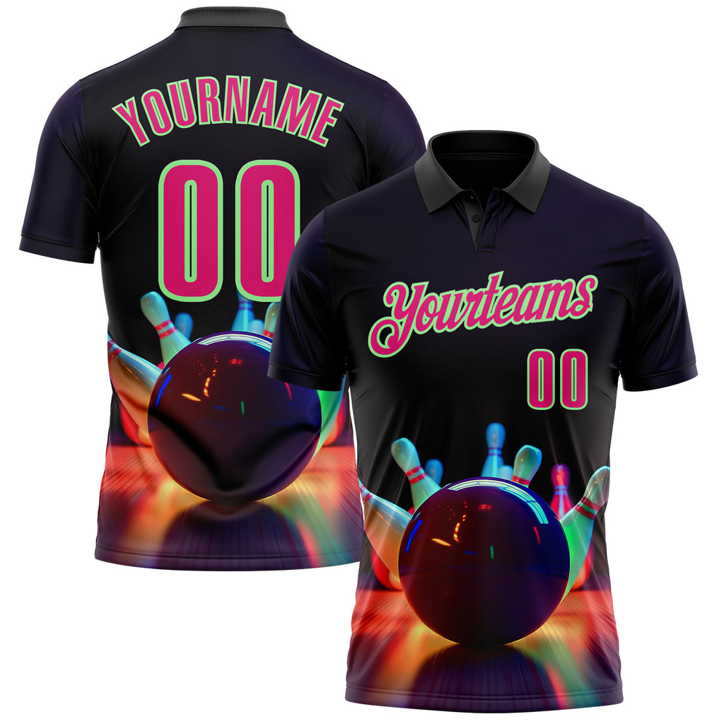 Custom Black Hot Pink-Pea Green Bowling Ball And Pins Strike Performance Polo Shirt