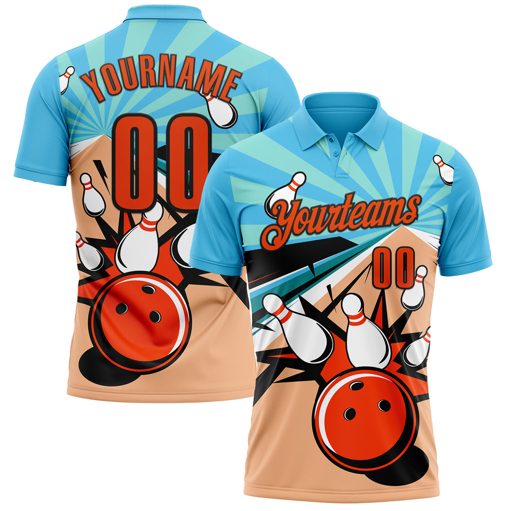 Custom Sky Blue Orange-Black Bowling Ball And Pins Strike Performance Polo Shirt