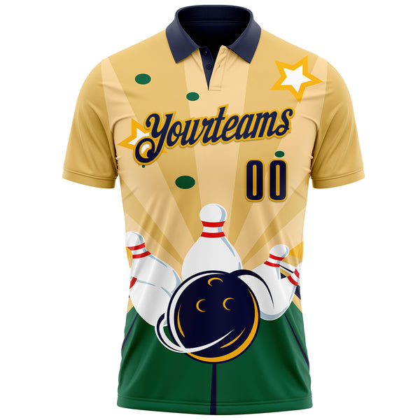 Custom Yellow Navy Green-Gold Bowling Ball And Pins Strike Performance Polo Shirt