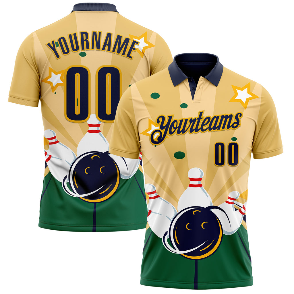 Custom Yellow Navy Green-Gold Bowling Ball And Pins Strike Performance Polo Shirt