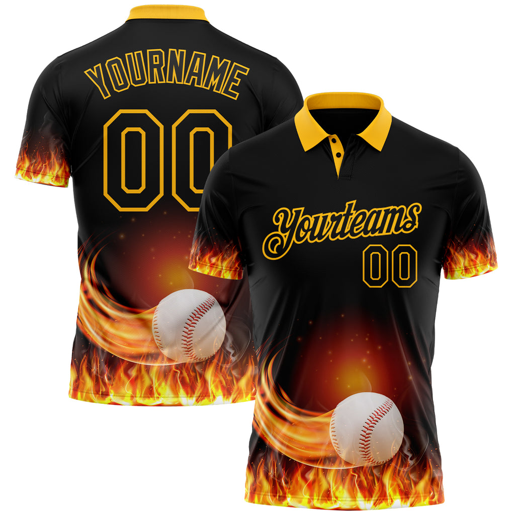 Custom Black-Gold Flame Baseball Fireball 3D Pattern Performance Polo Shirt