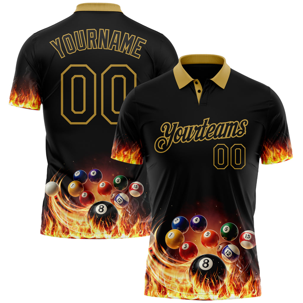 Custom Black-Old Gold Flame Billiards Snooker Balls Pool Performance Polo Shirt