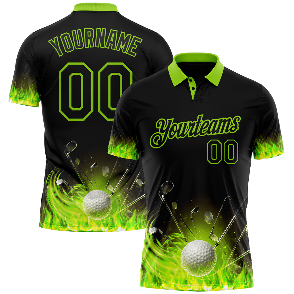 Custom Black-Neon Green Flame Golf Ball 3D Pattern Performance Polo Shirt