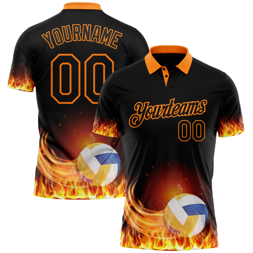 Custom Black-Bay Orange Flame Volleyball Ball 3D Pattern Performance Polo Shirt
