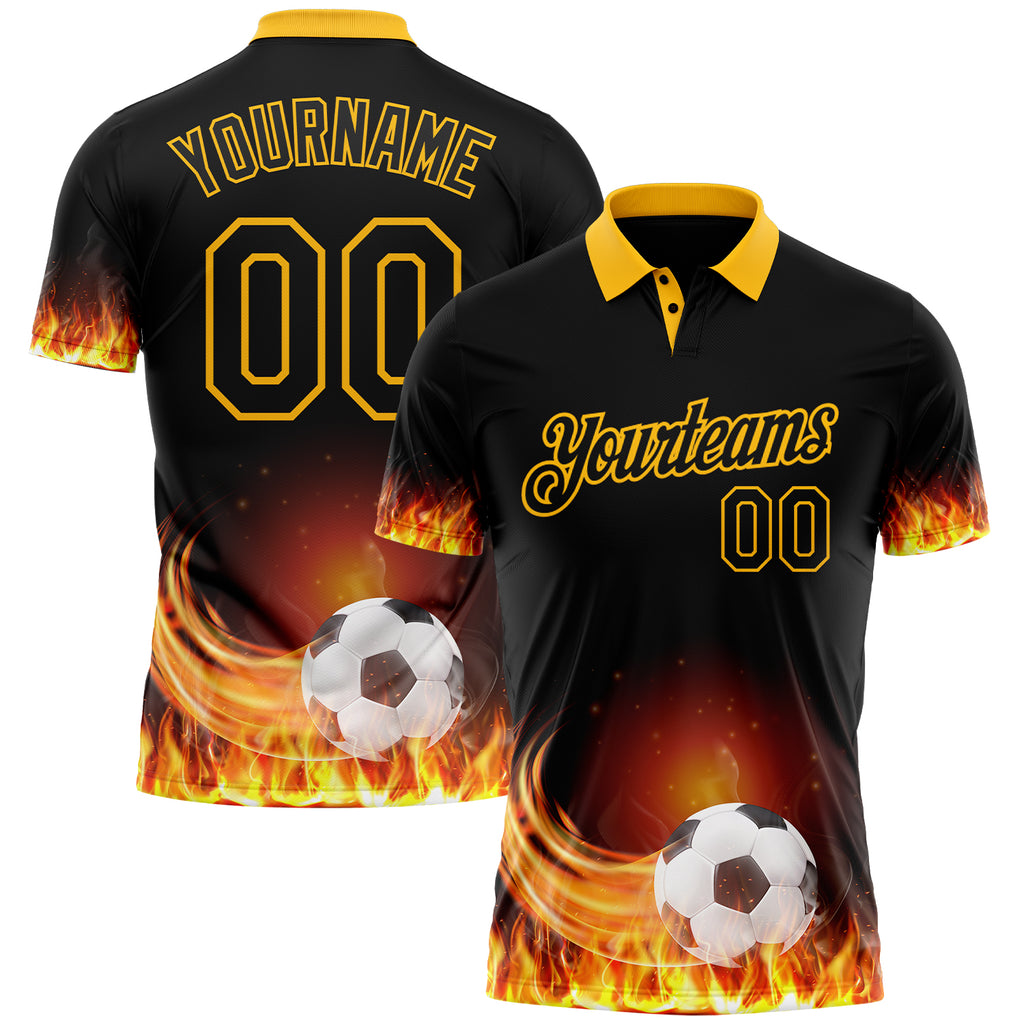 Custom Black-Gold Flame Soccer Ball 3D Pattern Performance Polo Shirt