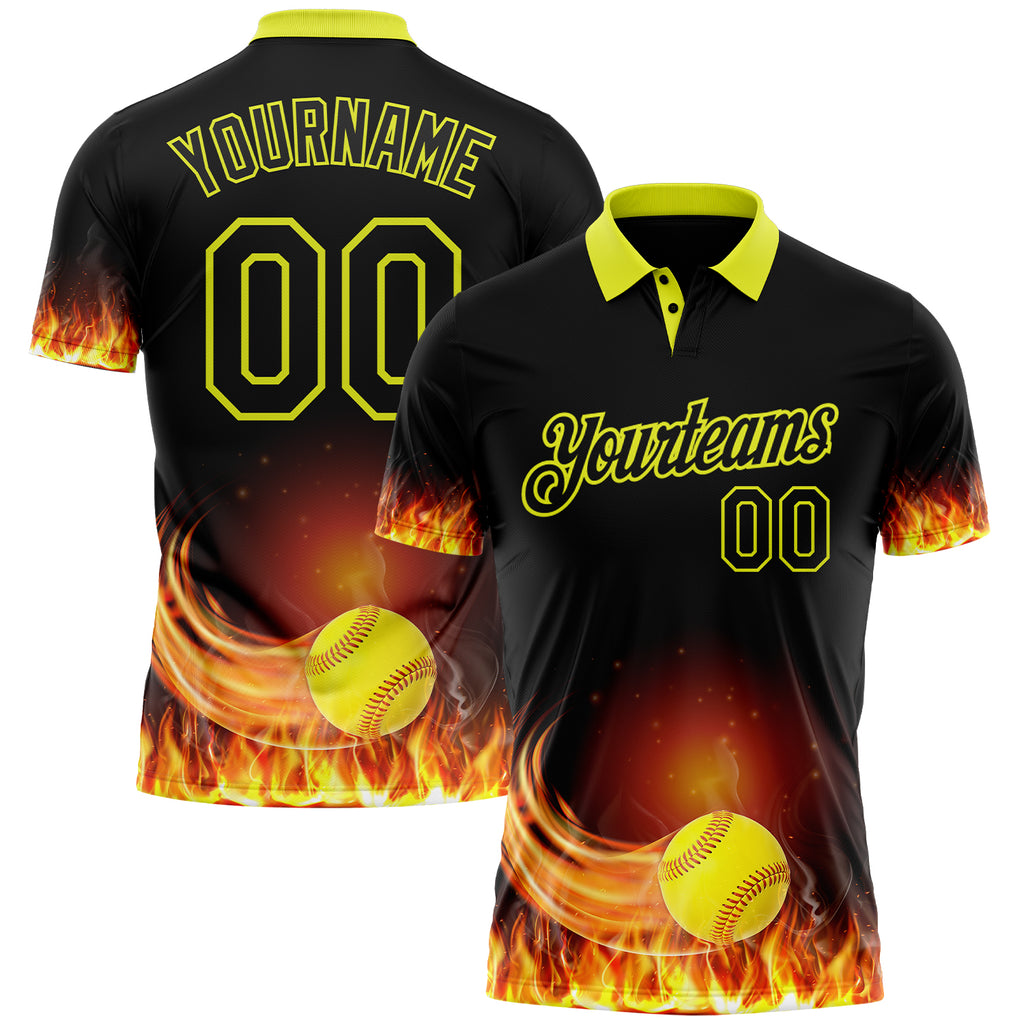 Custom Black-Neon Yellow Flame Softball Ball 3D Pattern Performance Polo Shirt