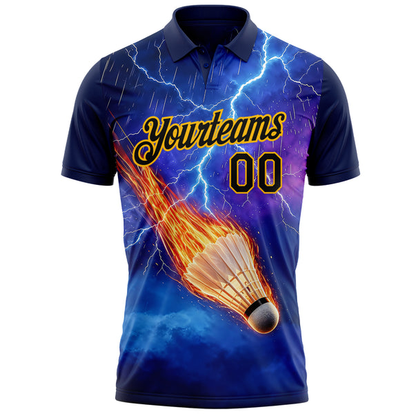 Custom Blue Black-Gold Flame Lightning Badminton Ball 3D Pattern Performance Polo Shirt