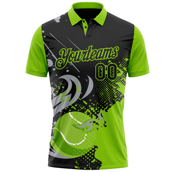 Custom Black Gray-Neon Green Tennis Ball Swirl Splatter 3D Pattern Performance Polo Shirt