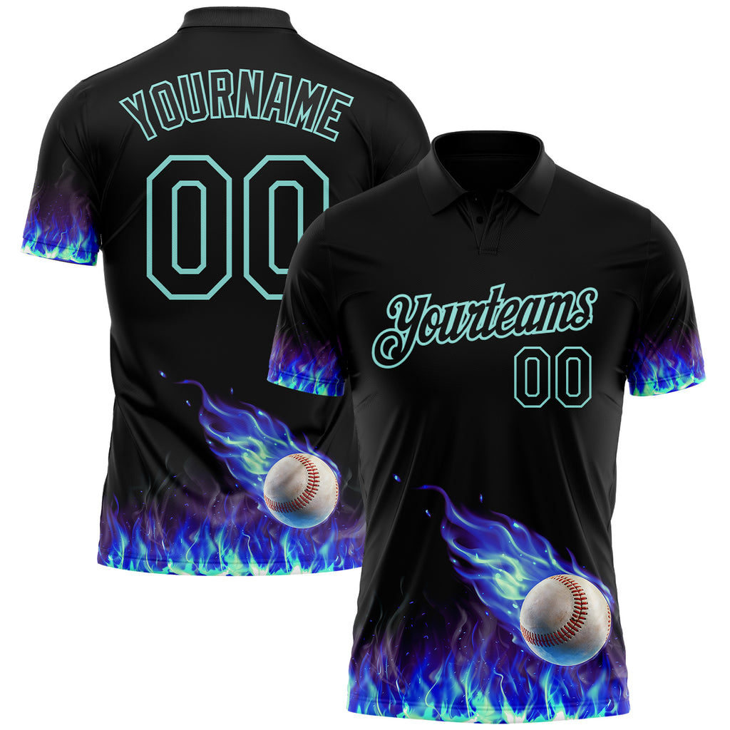 Custom Black-Ice Blue Flame Baseball Ball 3D Pattern Performance Polo Shirt