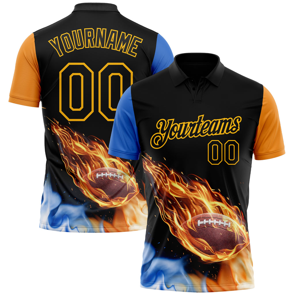 Custom Black Orange Blue-Gold Flame Football Ball 3D Pattern Performance Polo Shirt