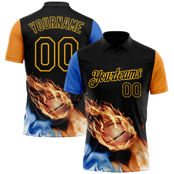 Custom Black Orange Blue-Gold Flame Basketball Ball 3D Pattern Performance Polo Shirt