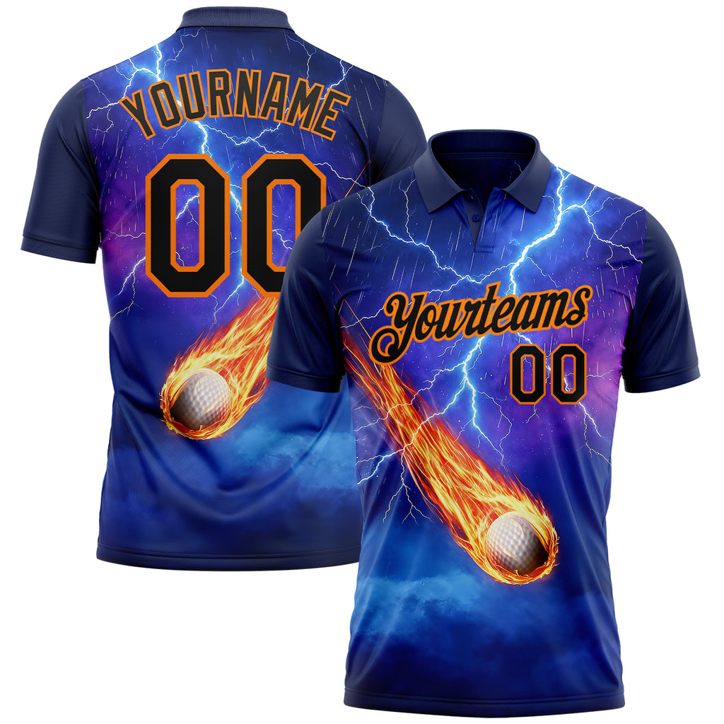 Custom Blue Black-Bay Orange Flame Lightning Golf Ball 3D Pattern Performance Polo Shirt