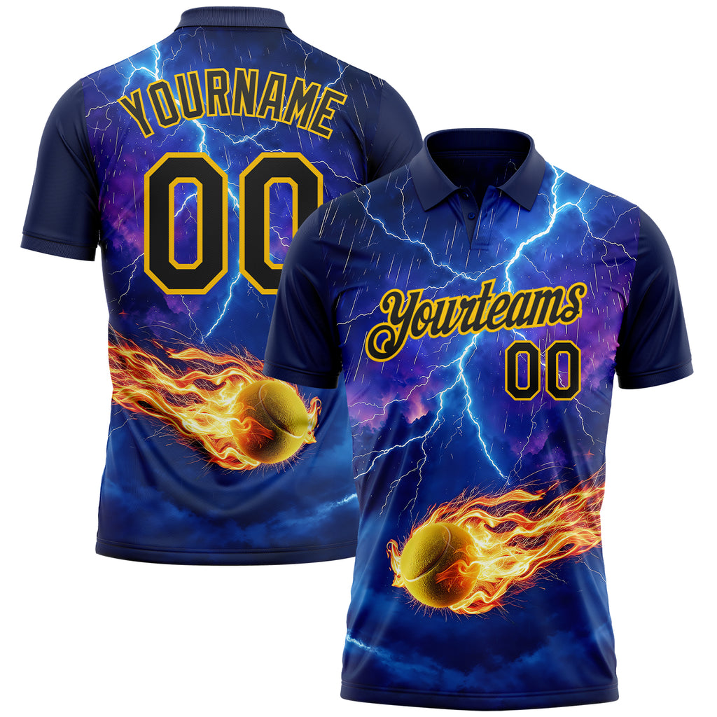 Custom Blue Black-Yellow Flame Lightning Tennis Ball 3D Pattern Performance Polo Shirt