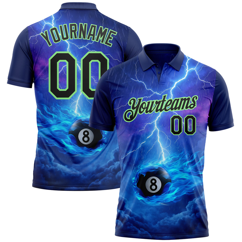 Custom Blue Black-Pea Green Flame Lightning Billiards Snooker 8 Ball Pool Performance Polo Shirt